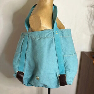 49 Square Miles turquoise canvas, brown leather tote bag XL inner zip + pouches